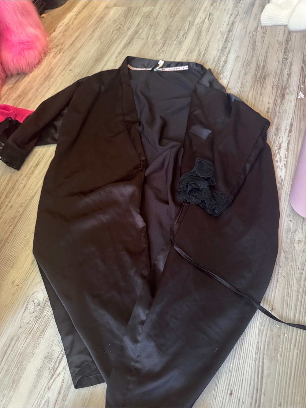 Black Women's Satin Kimono Coat with Lace Trim